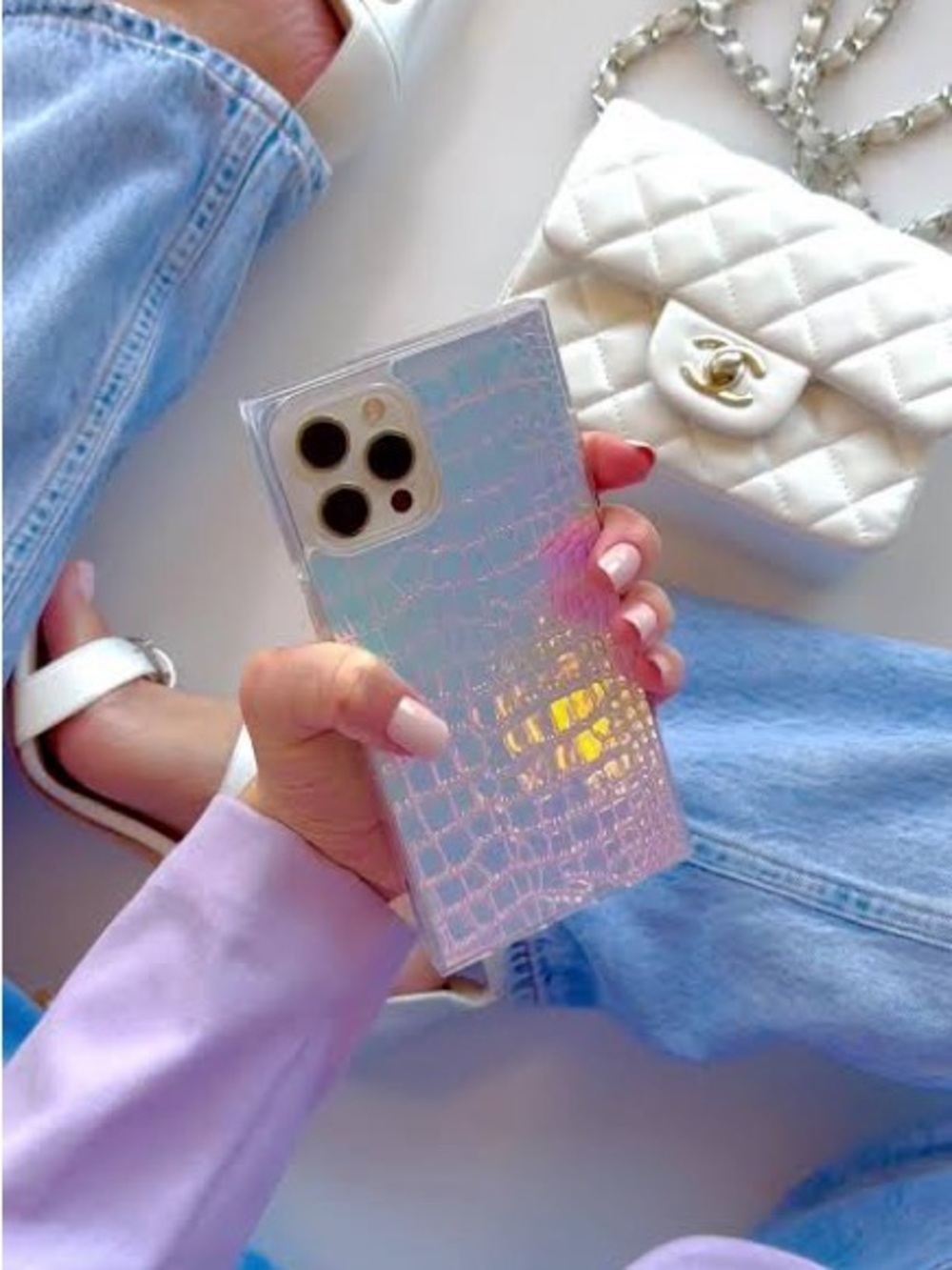 FLAUNT Iridescent Holographic Croc Pattern Phone Case - 13 Pink/White *USED*